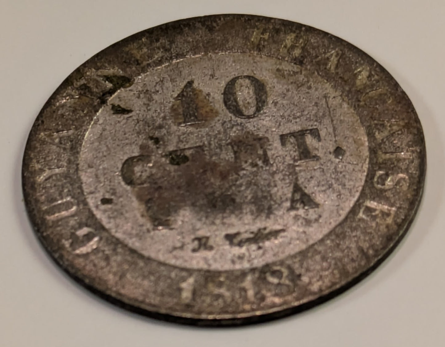 FRENCH GUIANA, Colony of Cayenne ~ 1818-A ~ 10 Centimes ~ 1 year billion type ~ Crowned monogram of Luis XVIII. High grade for this issue ~ KM-1a, CR-4, Lec-30 ~ Lustrous EF for type