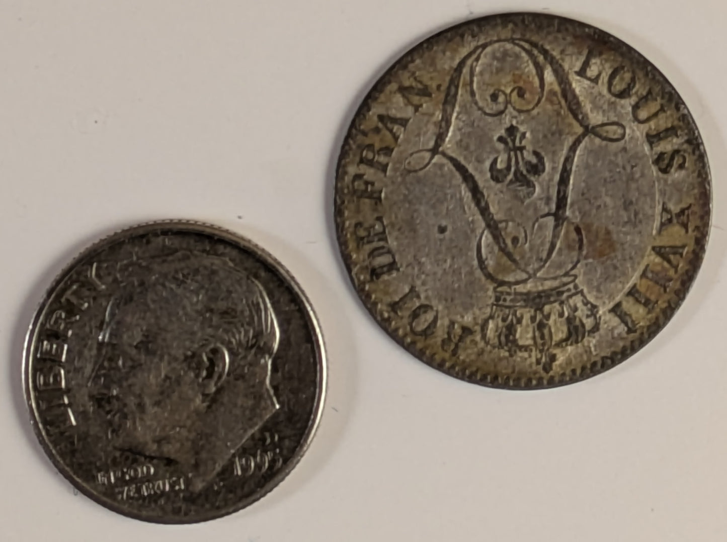 FRENCH GUIANA, Colony of Cayenne ~ 1818-A ~ 10 Centimes ~ 1 year billion type ~ Crowned monogram of Luis XVIII. High grade for this issue ~ KM-1a, CR-4, Lec-30 ~ Lustrous EF for type