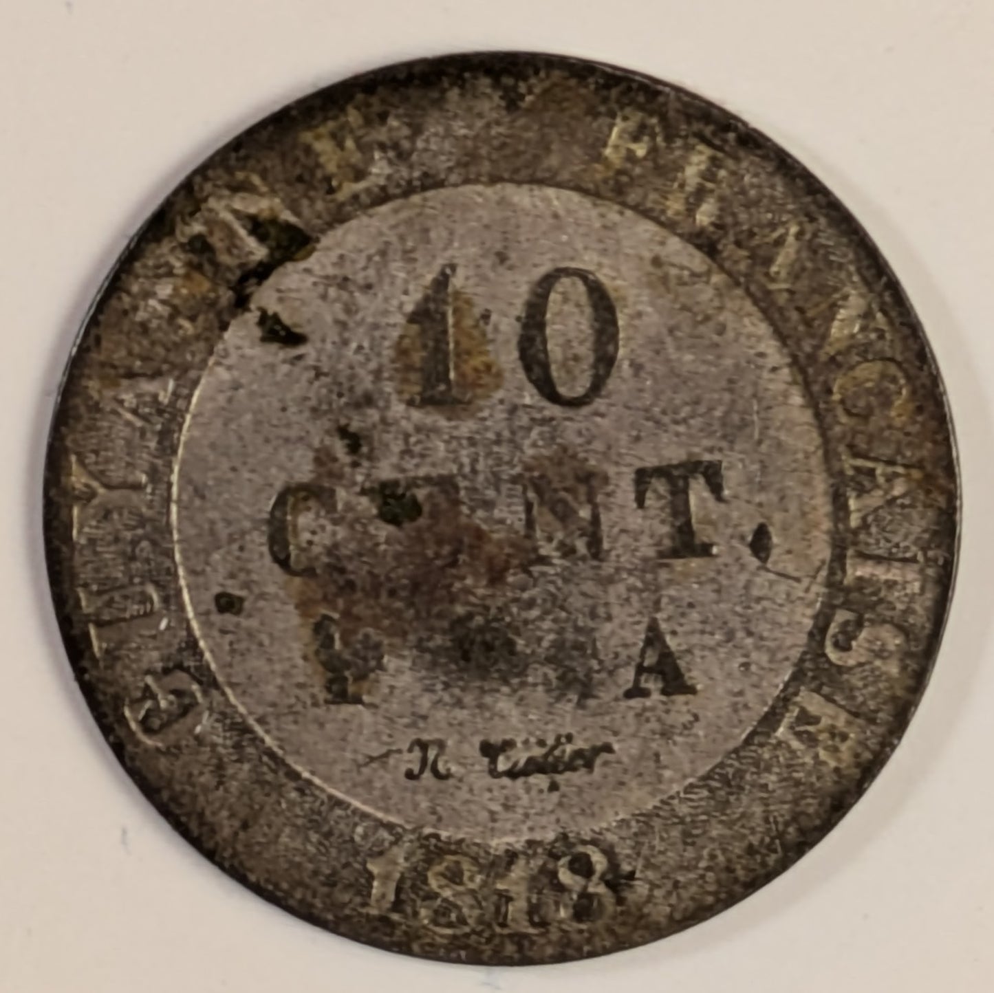 FRENCH GUIANA, Colony of Cayenne ~ 1818-A ~ 10 Centimes ~ 1 year billion type ~ Crowned monogram of Luis XVIII. High grade for this issue ~ KM-1a, CR-4, Lec-30 ~ Lustrous EF for type