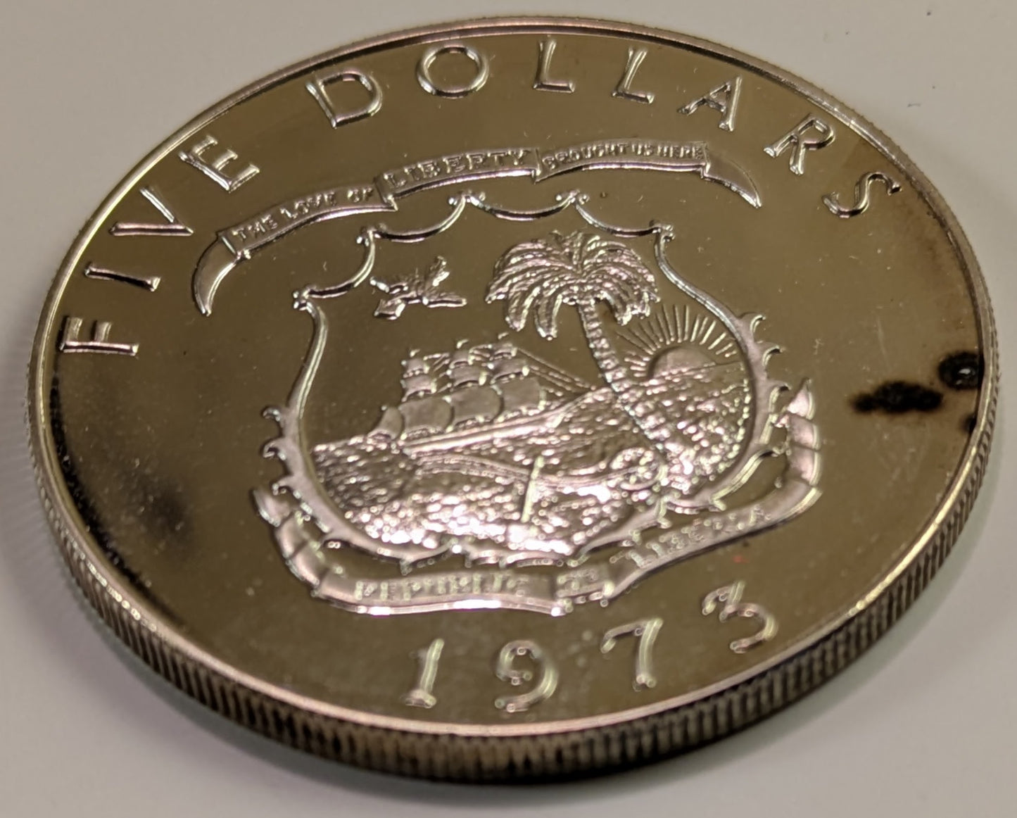 LIBERIA, Republic ~ 1973 ~ 5 Dollars ~ Elephant standing 3/4 right ~ Y-18, KM-29 ~ Ch. BU