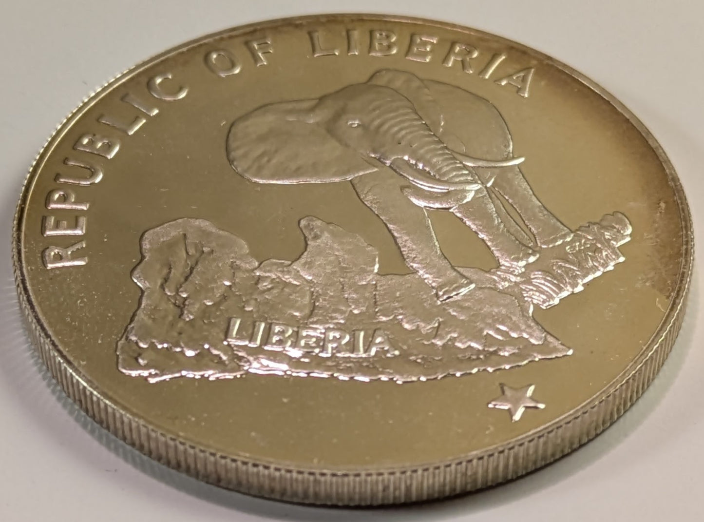 LIBERIA, Republic ~ 1973 ~ 5 Dollars ~ Elephant standing 3/4 right ~ Y-18, KM-29 ~ Ch. BU