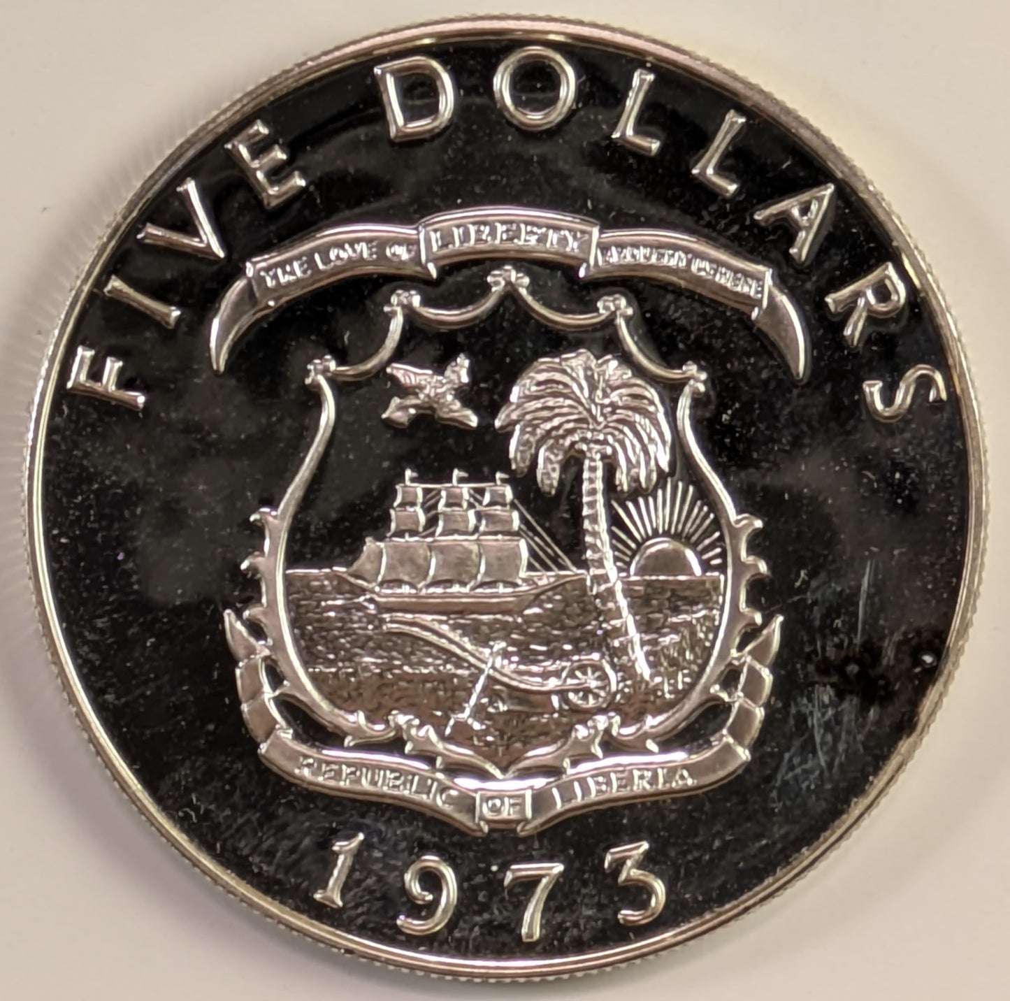 LIBERIA, Republic ~ 1973 ~ 5 Dollars ~ Elephant standing 3/4 right ~ Y-18, KM-29 ~ Ch. BU