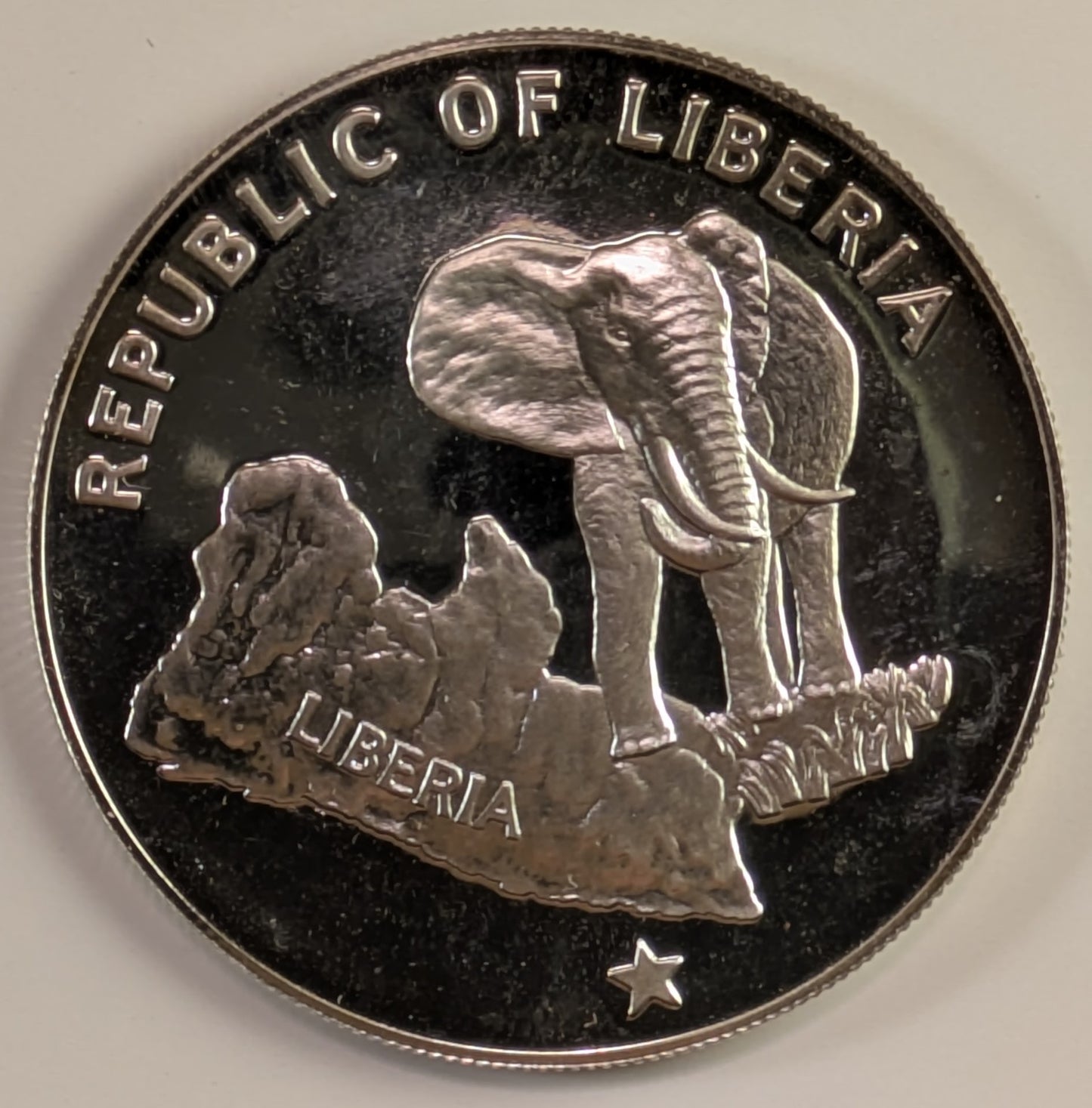 LIBERIA, Republic ~ 1973 ~ 5 Dollars ~ Elephant standing 3/4 right ~ Y-18, KM-29 ~ Ch. BU
