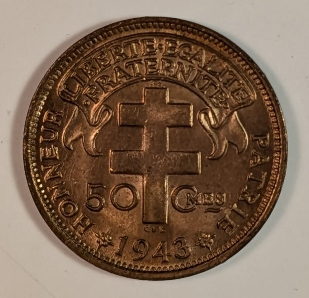 MADAGASCAR, French Colony ~ 1943-SA ~ 50 Centimes ~ Bronze ~ 1 year WW2 type struck in Pretoria, South Africa ~ Y-1, KM-1, Lec-93 ~ Choice Red Unc