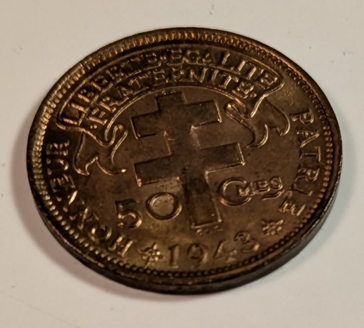 MADAGASCAR, French Colony ~ 1943-SA ~ 50 Centimes ~ Bronze ~ 1 year WW2 type struck in Pretoria, South Africa ~ Y-1, KM-1, Lec-93 ~ Choice Red Unc
