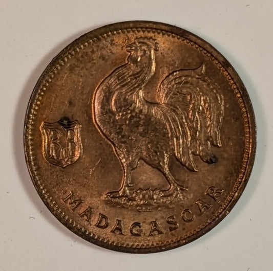 MADAGASCAR, French Colony ~ 1943-SA ~ 50 Centimes ~ Bronze ~ 1 year WW2 type struck in Pretoria, South Africa ~ Y-1, KM-1, Lec-93 ~ Choice Red Unc