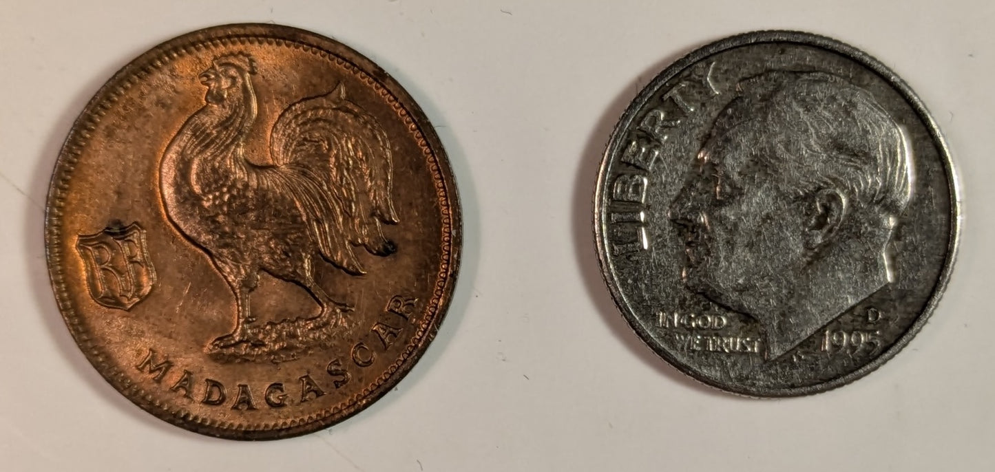 MADAGASCAR, French Colony ~ 1943-SA ~ 50 Centimes ~ Bronze ~ 1 year WW2 type struck in Pretoria, South Africa ~ Y-1, KM-1, Lec-93 ~ Choice Red Unc