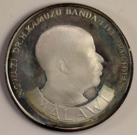 MALAWI, Republic (formerly Nyasaland) ~ 1974 ~ 10 Dwacha ~ Bust right. 10th Anniversary of Independence ~ Silver Crown ~ Y-13, KM-13 ~ Proof
