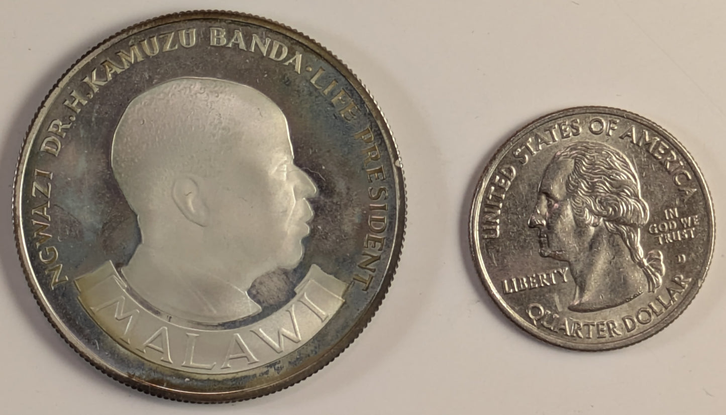 MALAWI, Republic (formerly Nyasaland) ~ 1974 ~ 10 Dwacha ~ Bust right. 10th Anniversary of Independence ~ Silver Crown ~ Y-13, KM-13 ~ Proof