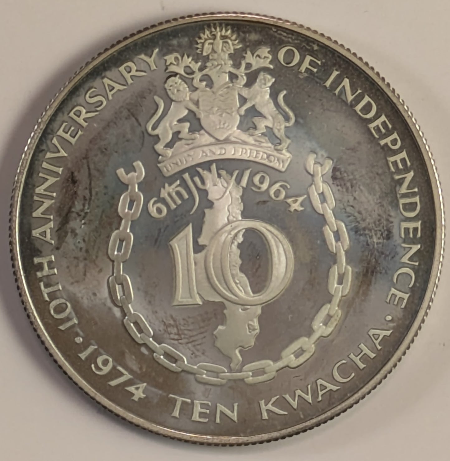 MALAWI, Republic (formerly Nyasaland) ~ 1974 ~ 10 Dwacha ~ Bust right. 10th Anniversary of Independence ~ Silver Crown ~ Y-13, KM-13 ~ Proof