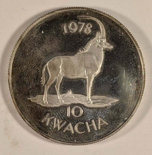 MALAWI, Republic (formerly Nyasaland) ~ 1978 ~ 10 Kwacha ~ Bust right ~ Sable Antelope standing right ~ Silver Crown. Designed by Paul Vincze. Conservation Series ~ Y-16a, KM-16 ~ Choice Proof