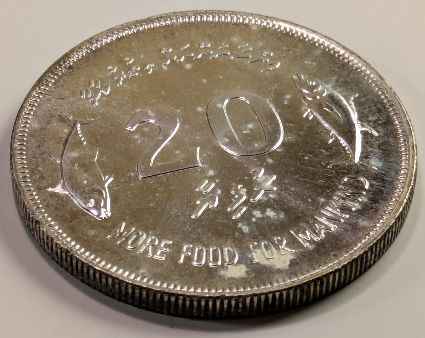 MALDIVES ISLANDS, 2nd Republic ~ AH-1397/1977 ~ 20 Rufiyaa ~ .500 Silver ~ FAO Series ~ Fish flank value ~ KM-56 ~ BU
