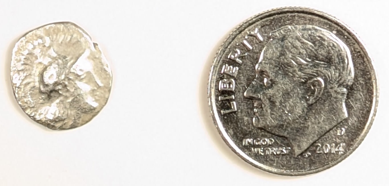 CALABRIA, Tarentum ~ 302-228 BC ~ Silver Diobol (.75g) (or Obol) ~ Head of Athena right, wearing crested helmet ~ Hercules standing right, strangling Nemean Lion.  ~ As Vlasto-1316 ~ F, some oxidation