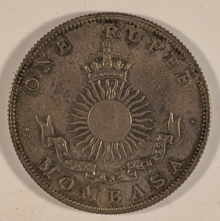 MOMBASA, British Colony ~ 1888-H ~ 1 Rupee ~ Scales above mint mark and date ~ Crown above radiant sun. Struck at Heaton Mint in Birmingham, England ~ Y-5, KM-5 ~ Ch. toned Proof or Specimen