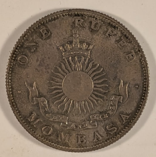 MOMBASA, British Colony ~ 1888-H ~ 1 Rupee ~ Scales above mint mark and date ~ Crown above radiant sun. Struck at Heaton Mint in Birmingham, England ~ Y-5, KM-5 ~ Ch. toned Proof or Specimen