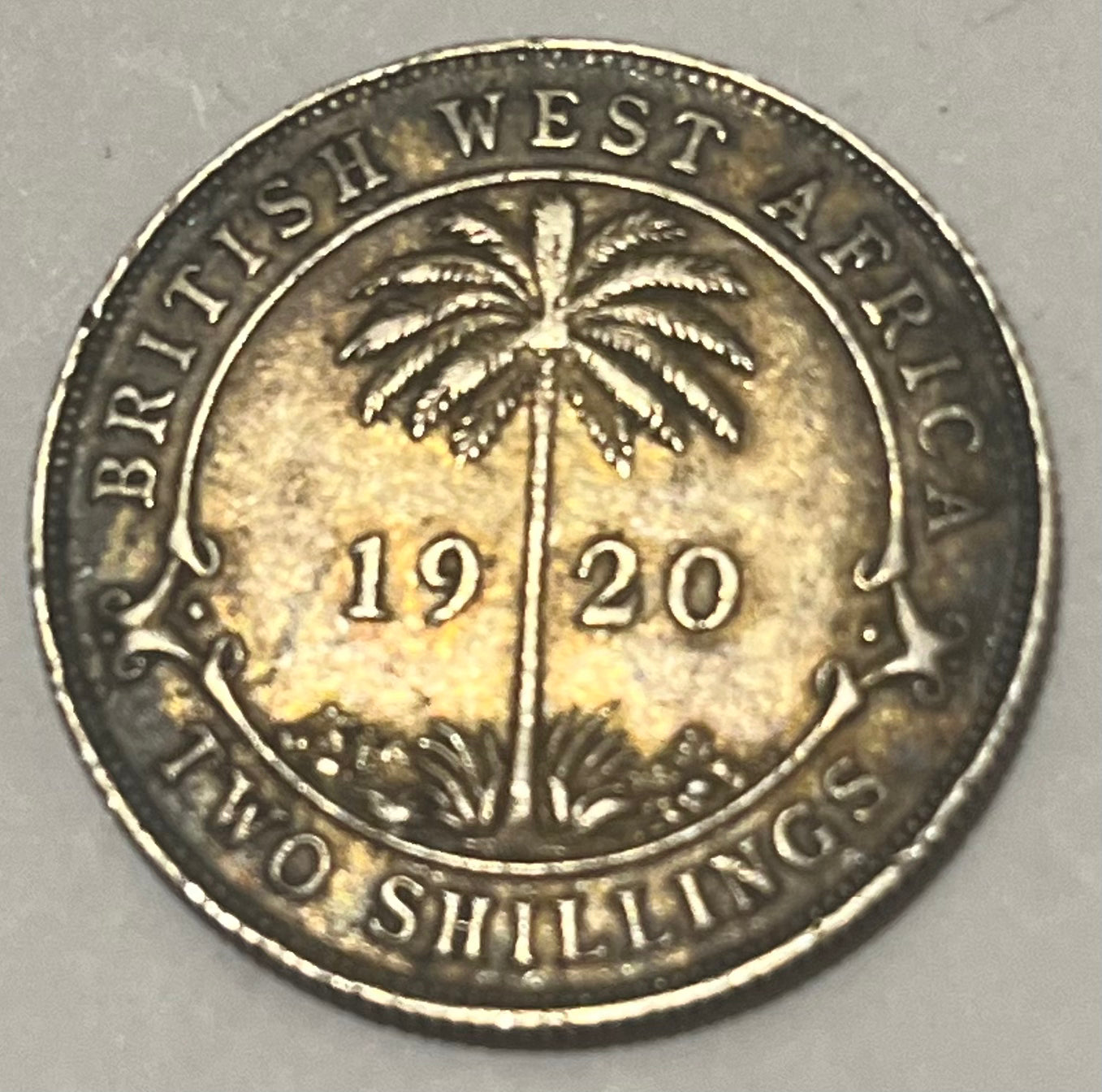 BRITISH WEST AFRICA, British Colony, George V ~ 1920 ~ 2 shillings ~ Key date. Last date of type ~ Y-17, KM-13 ~ Toned aVF