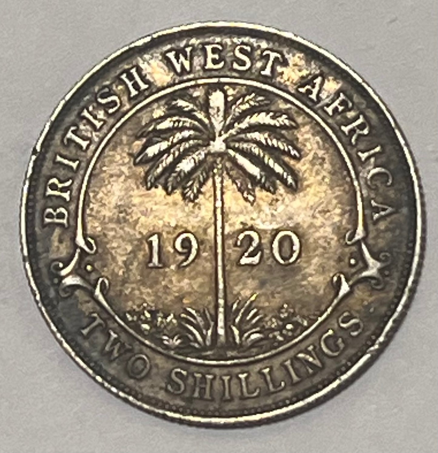 BRITISH WEST AFRICA, British Colony, George V ~ 1920 ~ 2 shillings ~ Key date. Last date of type ~ Y-17, KM-13 ~ Toned aVF