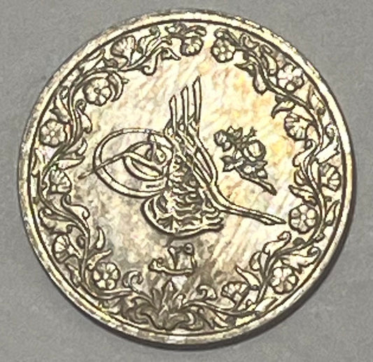 EGYPT, Abdul Hamid II ~ 1293/29 (1903) ~ 5/10 Qirsh ~ Toughra, regnal year below ~ Denomination in center, accession year below ~ Y-16, KM-291 ~ Ch. BU (light toning)