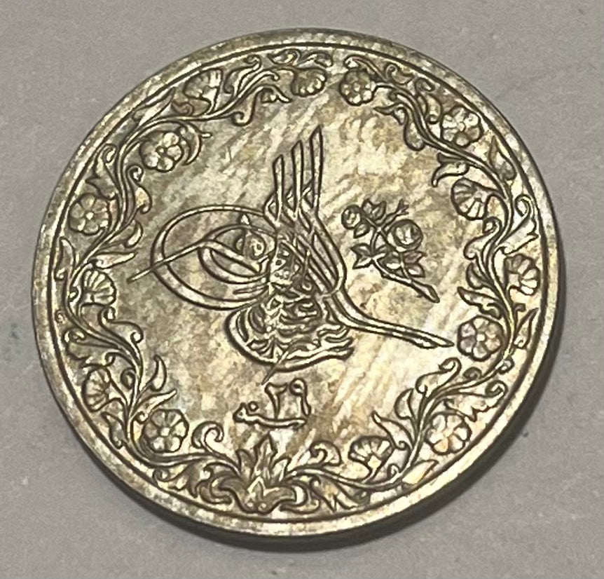 EGYPT, Abdul Hamid II ~ 1293/29 (1903) ~ 5/10 Qirsh ~ Toughra, regnal year below ~ Denomination in center, accession year below ~ Y-16, KM-291 ~ Ch. BU (light toning)