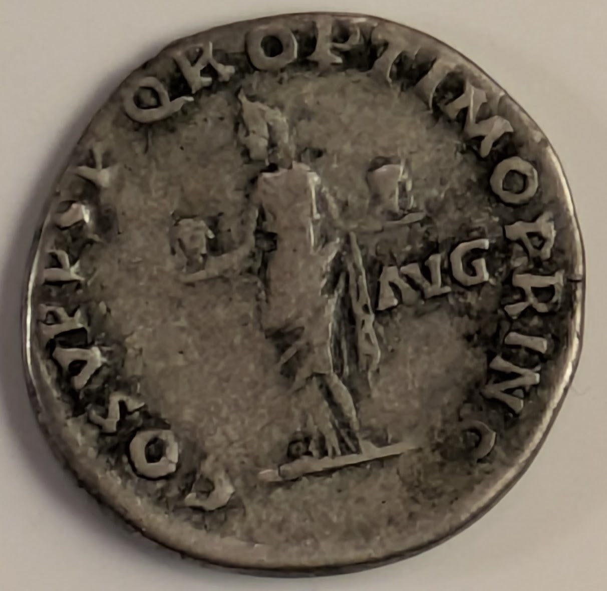 ROMAN EMPIRE, Trajan ~ 98-117 AD (111) ~ Silver Denarius (3.10g) ~ Laureate bust right IMP TRAIANO AVG GER DAC PM TRP ~ Aeternitas standing left holding heads of Sol and Luna COS V PP SPQR OPTIMO PRINC ~ SR-3116, RIC-91, C-3 ~ F-FV