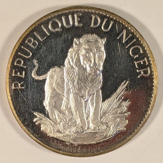 NIGER, Republic ~ 1968 ~ 10 Francs ~ Facing lion. Type 1 ~ Arms. Original strike with very sharp details, c. 20 grams ~ KM-8.1, Dav-521 ~ Gem toned Proof
