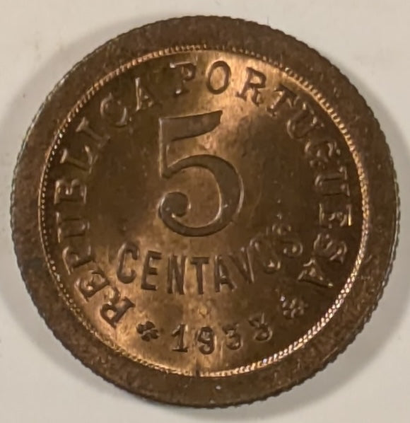 PORTUGUESE GUINEA, One year type ~ 1933 ~ 5 Centavos ~ Liberty head left ~ Denomination and date ~ Y-1, KM-1 ~ Nice R&B unc