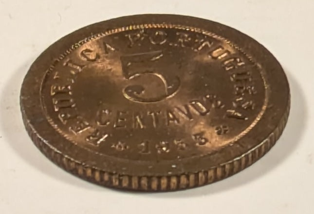 PORTUGUESE GUINEA, One year type ~ 1933 ~ 5 Centavos ~ Liberty head left ~ Denomination and date ~ Y-1, KM-1 ~ Nice R&B unc