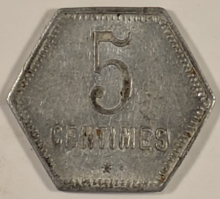 REUNION, French Overseas Department ~ 1920 ~ 5 Centimes Bank Token ~ Aluminum Hexagon 18mm ~ Demonitized 1941  ~ Y-3, KM-Tn-1, Lec-47 ~ EF