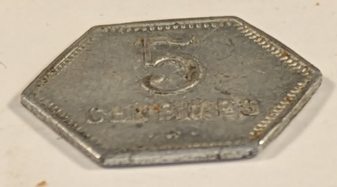 REUNION, French Overseas Department ~ 1920 ~ 5 Centimes Bank Token ~ Aluminum Hexagon 18mm ~ Demonitized 1941  ~ Y-3, KM-Tn-1, Lec-47 ~ EF