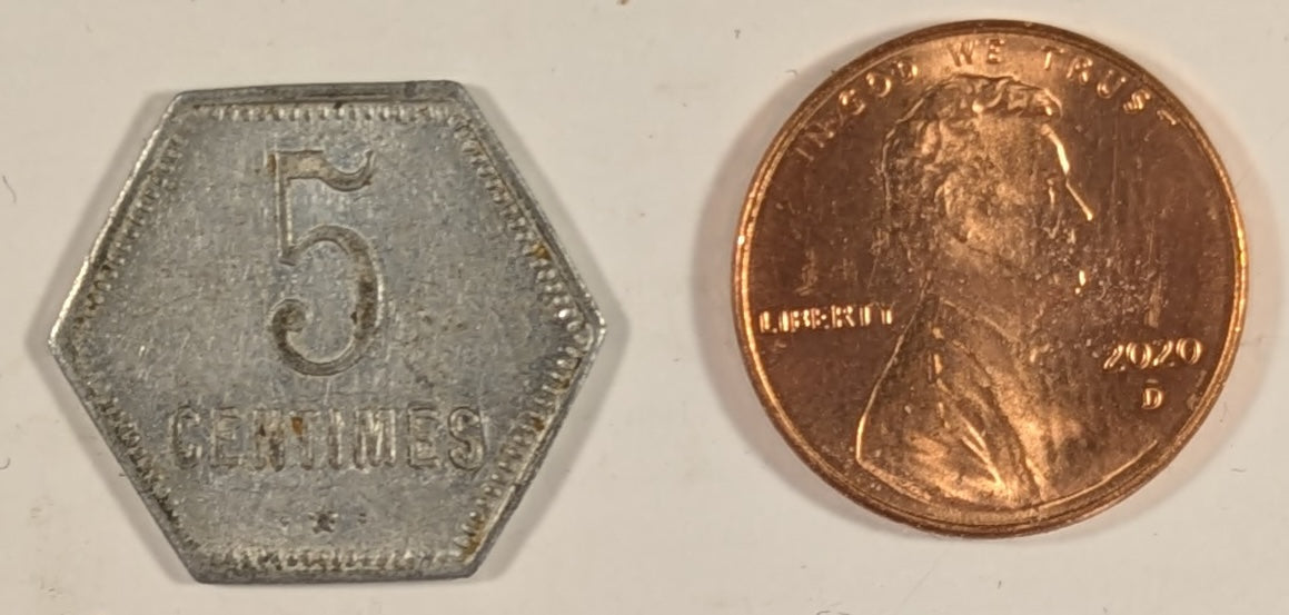 REUNION, French Overseas Department ~ 1920 ~ 5 Centimes Bank Token ~ Aluminum Hexagon 18mm ~ Demonitized 1941  ~ Y-3, KM-Tn-1, Lec-47 ~ EF