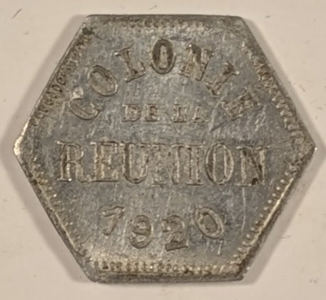 REUNION, French Overseas Department ~ 1920 ~ 5 Centimes Bank Token ~ Aluminum Hexagon 18mm ~ Demonitized 1941  ~ Y-3, KM-Tn-1, Lec-47 ~ EF