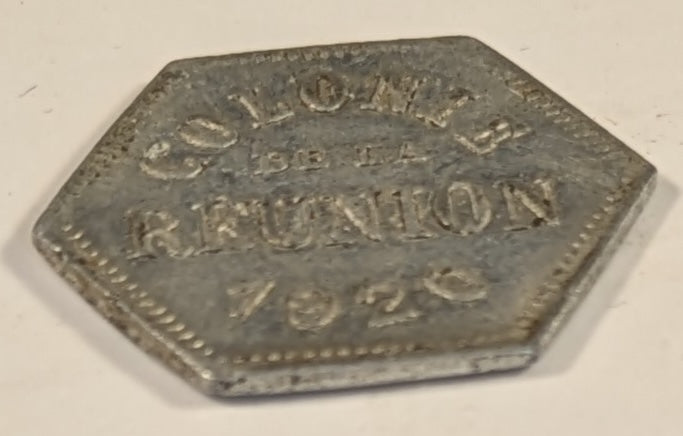 REUNION, French Overseas Department ~ 1920 ~ 5 Centimes Bank Token ~ Aluminum Hexagon 18mm ~ Demonitized 1941  ~ Y-3, KM-Tn-1, Lec-47 ~ EF