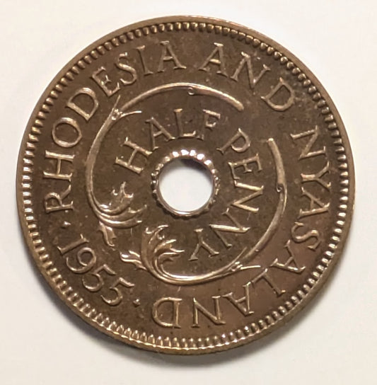 RHODESIA & NYASALAND, Federation ~ 1955 ~ 1/2 Penny ~ Scarce in proof ~ Y-1, KM-1 ~ Choice Proof