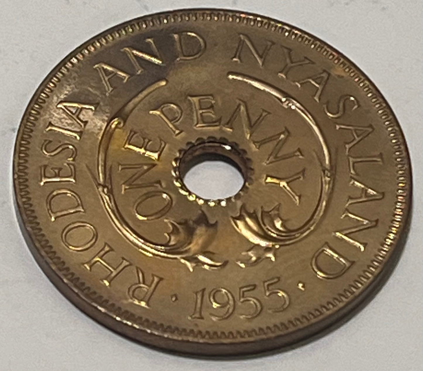 RHODESIA & NYASALAND, Federation ~ 1955 ~ Penny ~ Scarce in proof ~ Baldwins 9/13 sim at 200 pounds (+premium) ~ Y-2, KM-2 ~ Gem Proof