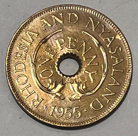 RHODESIA & NYASALAND, Federation ~ 1955 ~ Penny ~ Scarce in proof ~ Baldwins 9/13 sim at 200 pounds (+premium) ~ Y-2, KM-2 ~ Gem Proof
