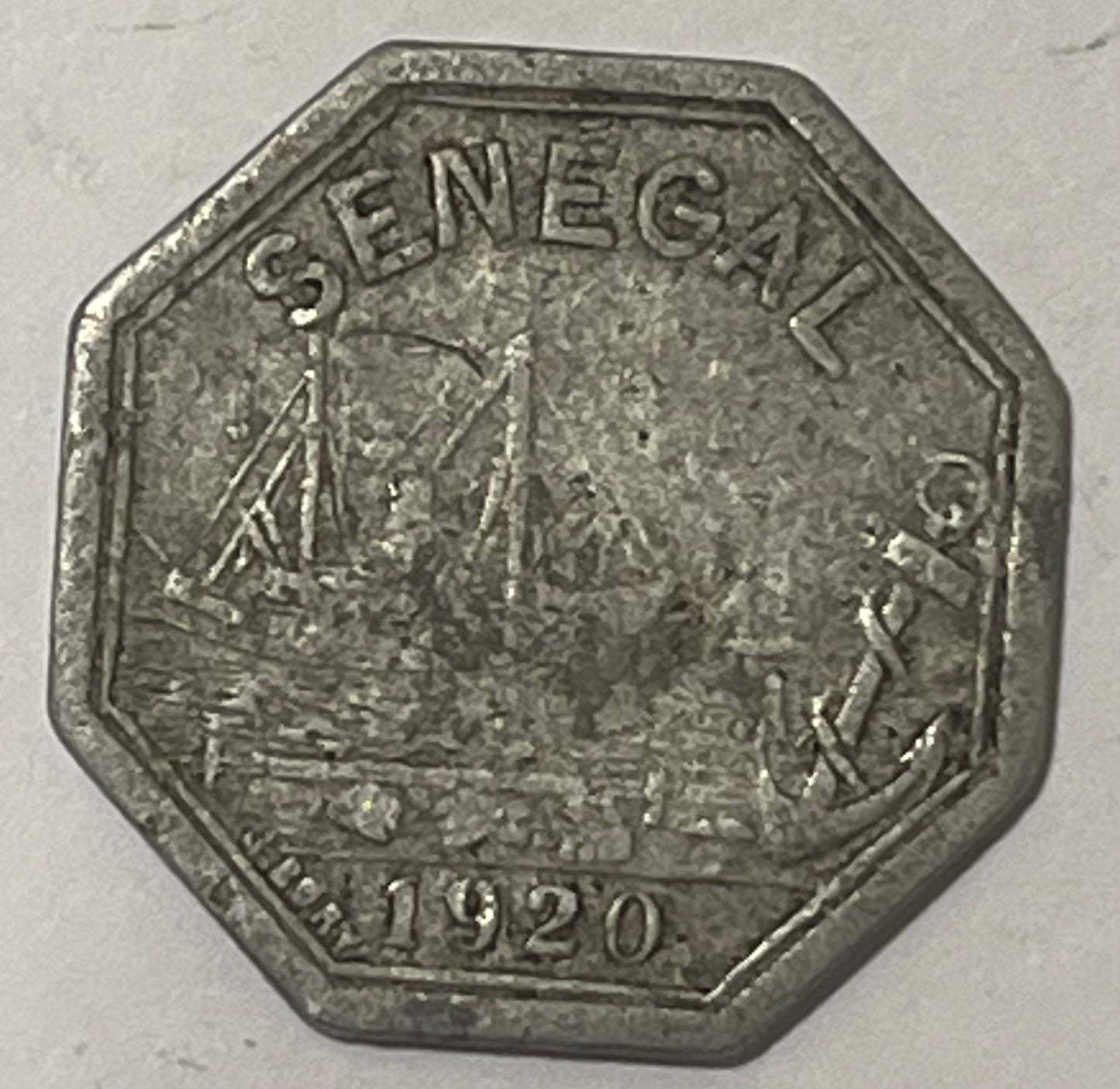 SENEGAL, Rufisque ~ 1920 ~ 10 centimes ~ 22mm Aluminum token ~ Sailing Ship. Chamber of Commerce issue ~ Octagonal by J. Bory ~ KM TN-13, Lec-10 ~ Fine
