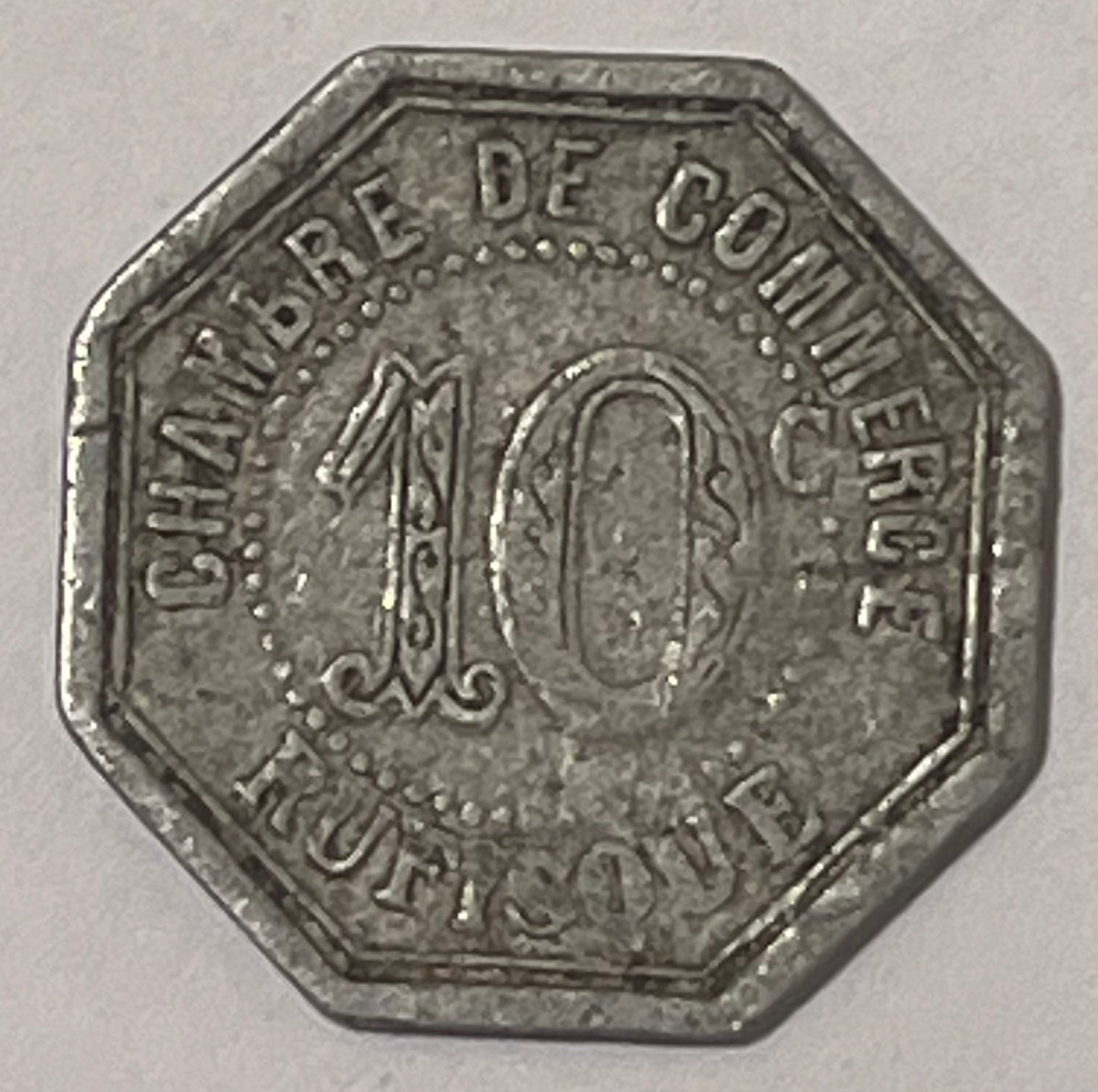 SENEGAL, Rufisque ~ 1920 ~ 10 centimes ~ 22mm Aluminum token ~ Sailing Ship. Chamber of Commerce issue ~ Octagonal by J. Bory ~ KM TN-13, Lec-10 ~ Fine