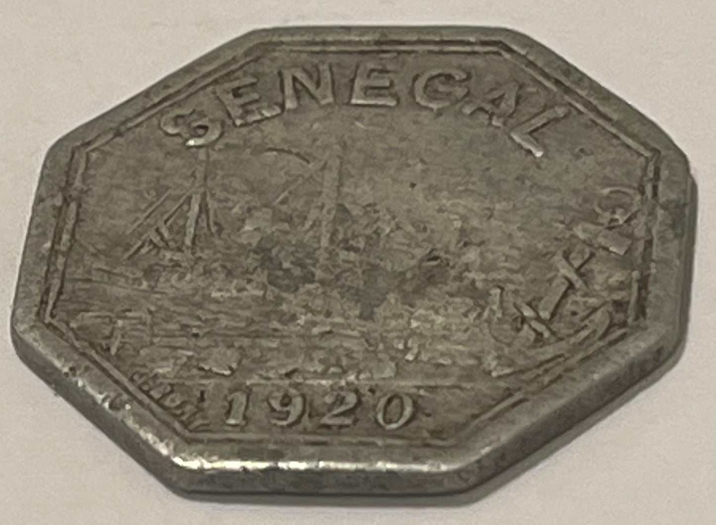 SENEGAL, Rufisque ~ 1920 ~ 10 centimes ~ 22mm Aluminum token ~ Sailing Ship. Chamber of Commerce issue ~ Octagonal by J. Bory ~ KM TN-13, Lec-10 ~ Fine
