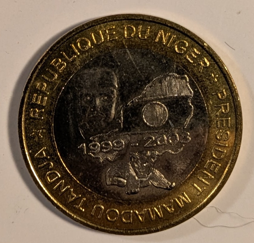 NIGER, West African States ~ 2003 ~ 6000 CFA Francs ~ Bimetallic ~ President Mamadou Tanja ~ Elephant, Map of Africa ~ Low mintage ~ KM-14 ~ BU