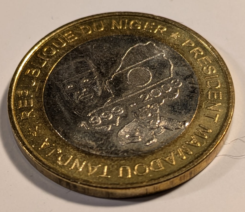 NIGER, West African States ~ 2003 ~ 6000 CFA Francs ~ Bimetallic ~ President Mamadou Tanja ~ Elephant, Map of Africa ~ Low mintage ~ KM-14 ~ BU