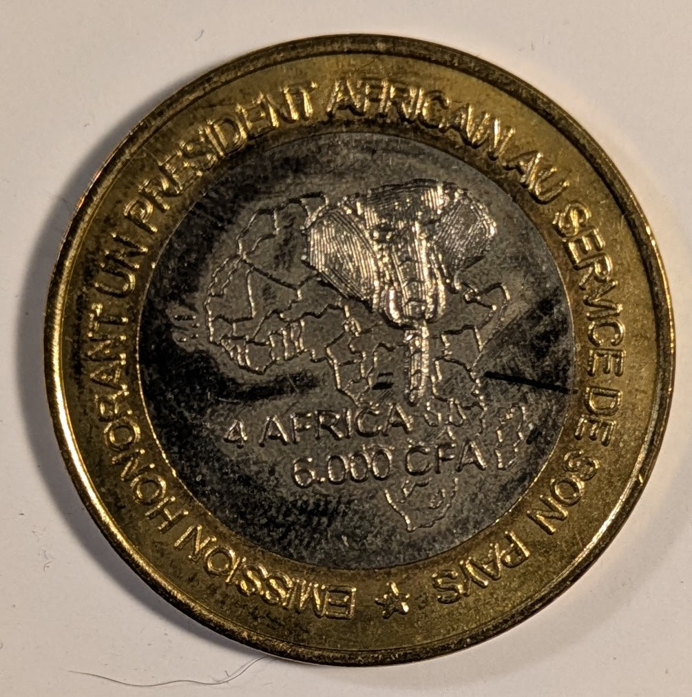 NIGER, West African States ~ 2003 ~ 6000 CFA Francs ~ Bimetallic ~ President Mamadou Tanja ~ Elephant, Map of Africa ~ Low mintage ~ KM-14 ~ BU