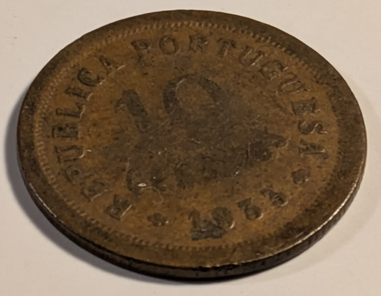 PORTUGUESE GUINEA, One year type ~ 1933 ~ 10 Centavos ~ Liberty head left ~ Denomination and date ~ Y-2, KM-2 ~ F-VF