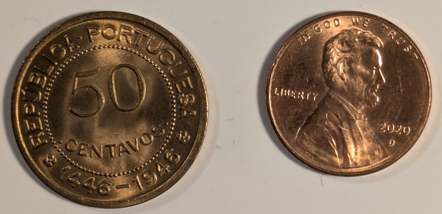 PORTUGUESE GUINEA, One year type ~ 1946 ~ 50 Centavos ~ 500th anniversary of the discovery of Portuguese Guinea ~ Y-6, KM-6 ~ Gem virtually full red BU