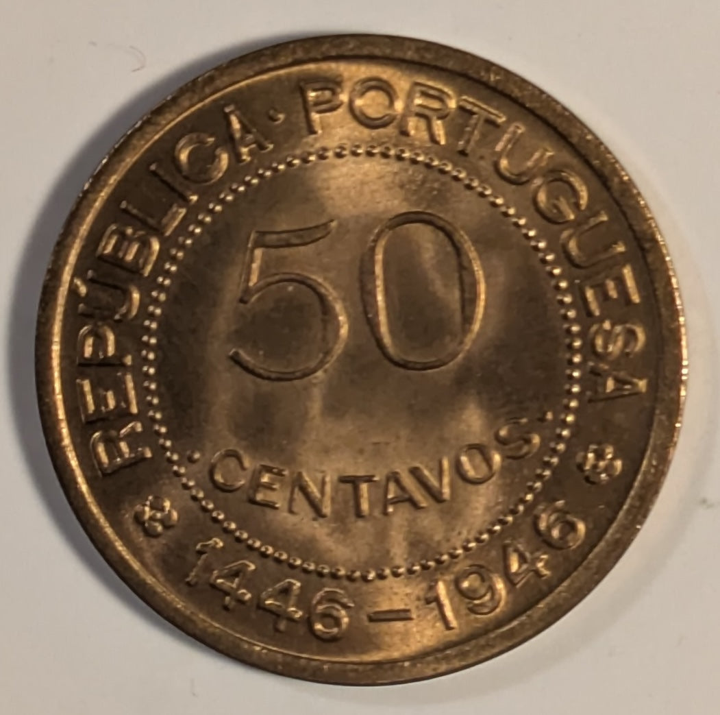 PORTUGUESE GUINEA, One year type ~ 1946 ~ 50 Centavos ~ 500th anniversary of the discovery of Portuguese Guinea ~ Y-6, KM-6 ~ Gem virtually full red BU