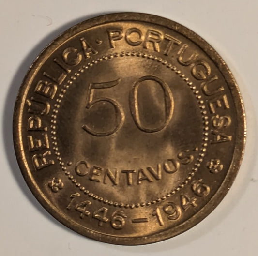 PORTUGUESE GUINEA, One year type ~ 1946 ~ 50 Centavos ~ 500th anniversary of the discovery of Portuguese Guinea ~ Y-6, KM-6 ~ Gem virtually full red BU
