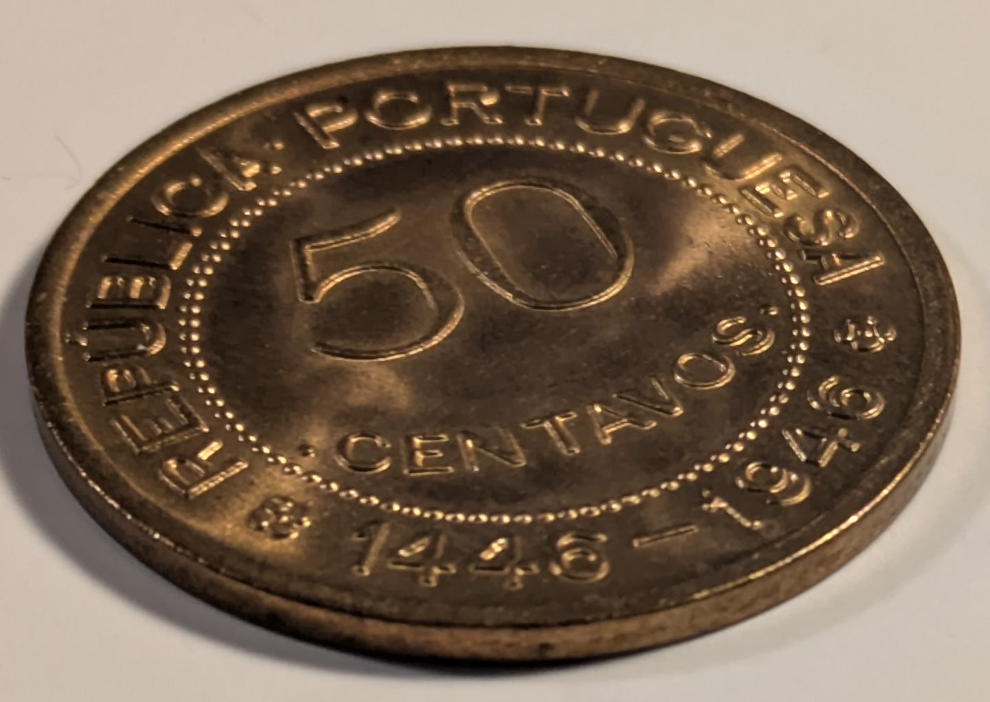 PORTUGUESE GUINEA, One year type ~ 1946 ~ 50 Centavos ~ 500th anniversary of the discovery of Portuguese Guinea ~ Y-6, KM-6 ~ Gem virtually full red BU