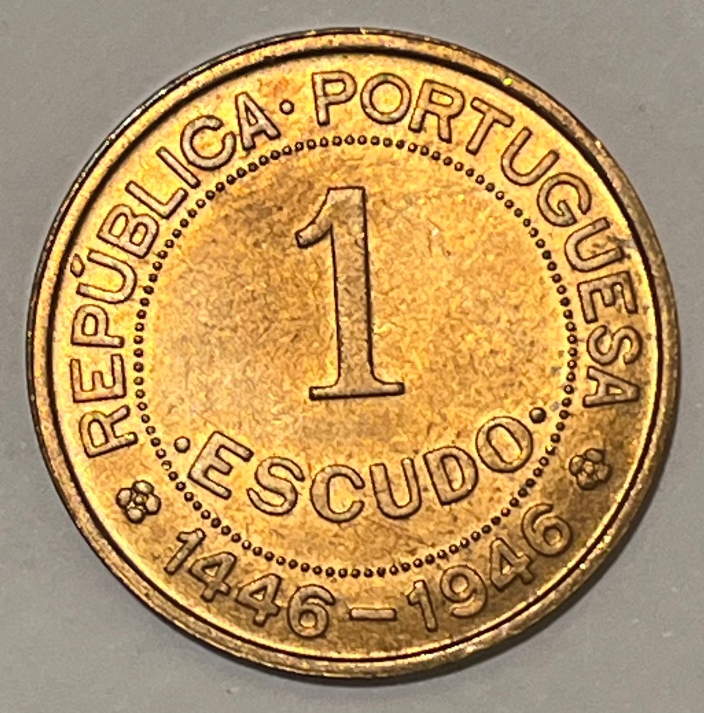 PORTUGUESE GUINEA, One year type ~ 1946 ~ 1 Escudo ~ 500th anniversary of the discovery of Portuguese Guinea ~ Y-7, KM-7 ~ Gem virtually full red BU