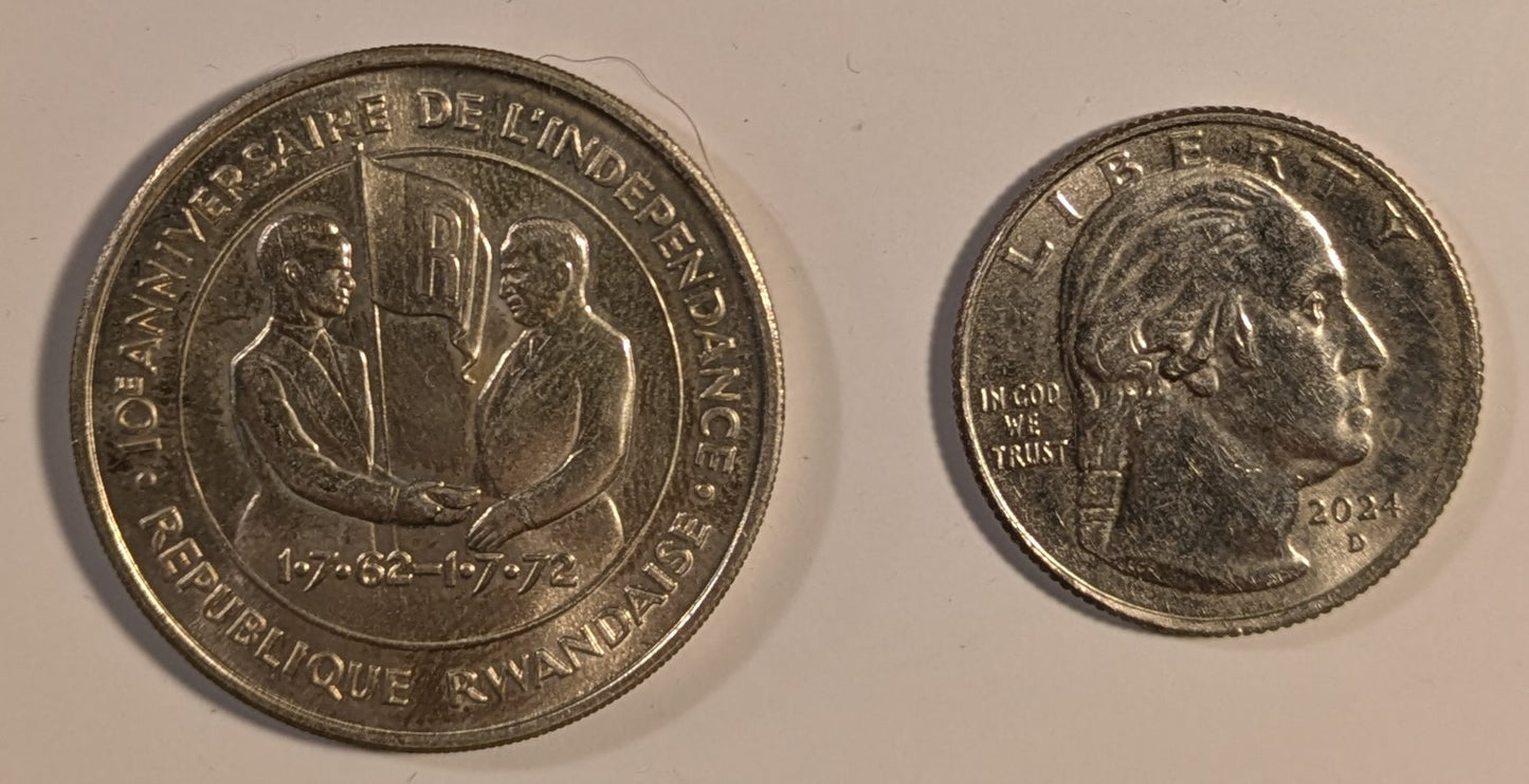 RWANDA, Republic ~ 1972 ~ Silver 200 Francs ~ 10th Anniverary of Independence. Gregoire Kayibanda, flag, dates ~ Figure picking coffee beans, FAO logo ~ Y-7, KM-11 ~ BU