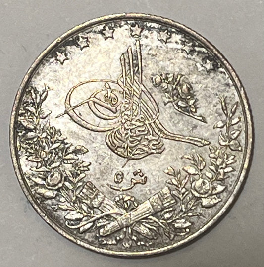 EGYPT, Abdul Hamid II ~ 1293/24w (1898-99) ~ 5 Qirsh ~ Toughra, denomination. W indicates engraved by Emil Weigand of Berlin ~ Legend, date, regnal year, "Misr." ~ Y-20, KM-294 ~ Toned Au-unc