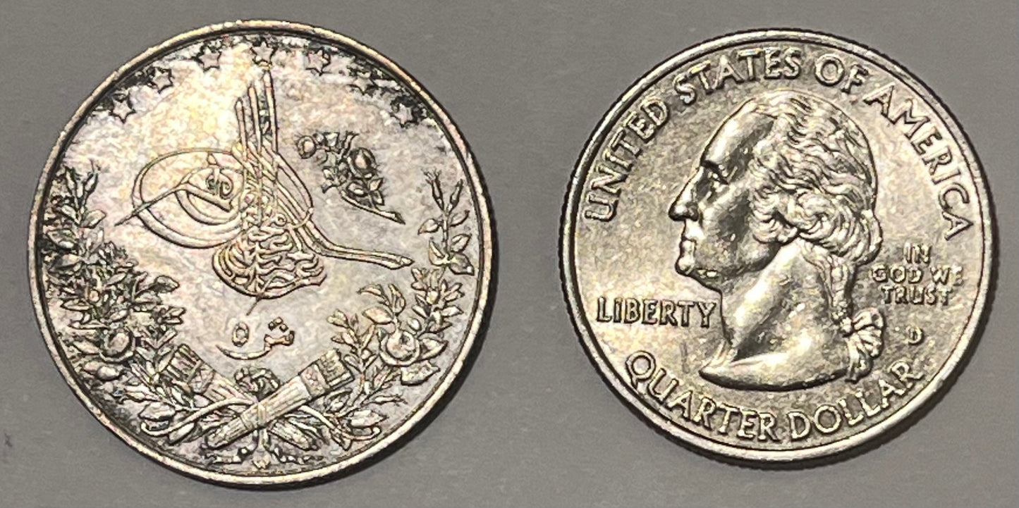 EGYPT, Abdul Hamid II ~ 1293/24w (1898-99) ~ 5 Qirsh ~ Toughra, denomination. W indicates engraved by Emil Weigand of Berlin ~ Legend, date, regnal year, "Misr." ~ Y-20, KM-294 ~ Toned Au-unc